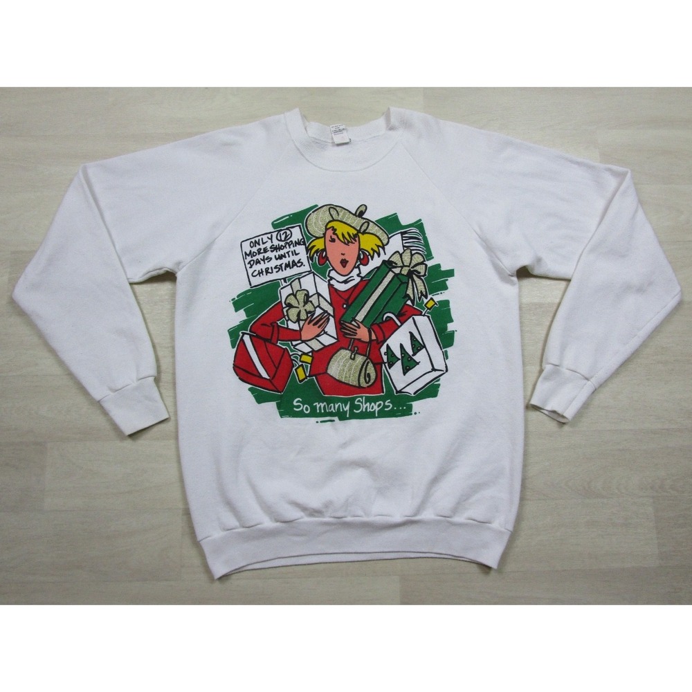 Vintage 80s Christmas Shopping Crewneck Sweatshirt Women's (L) Glitter Holiday